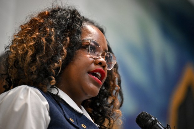 Councilwoman Shontel M. Lewis speaks during a press conference to introduced the In-Person Visitation Clothing Project at the Denver County Jail on Thursday, May 1, 2025. (Photo by AAron Ontiveroz/The Denver Post)